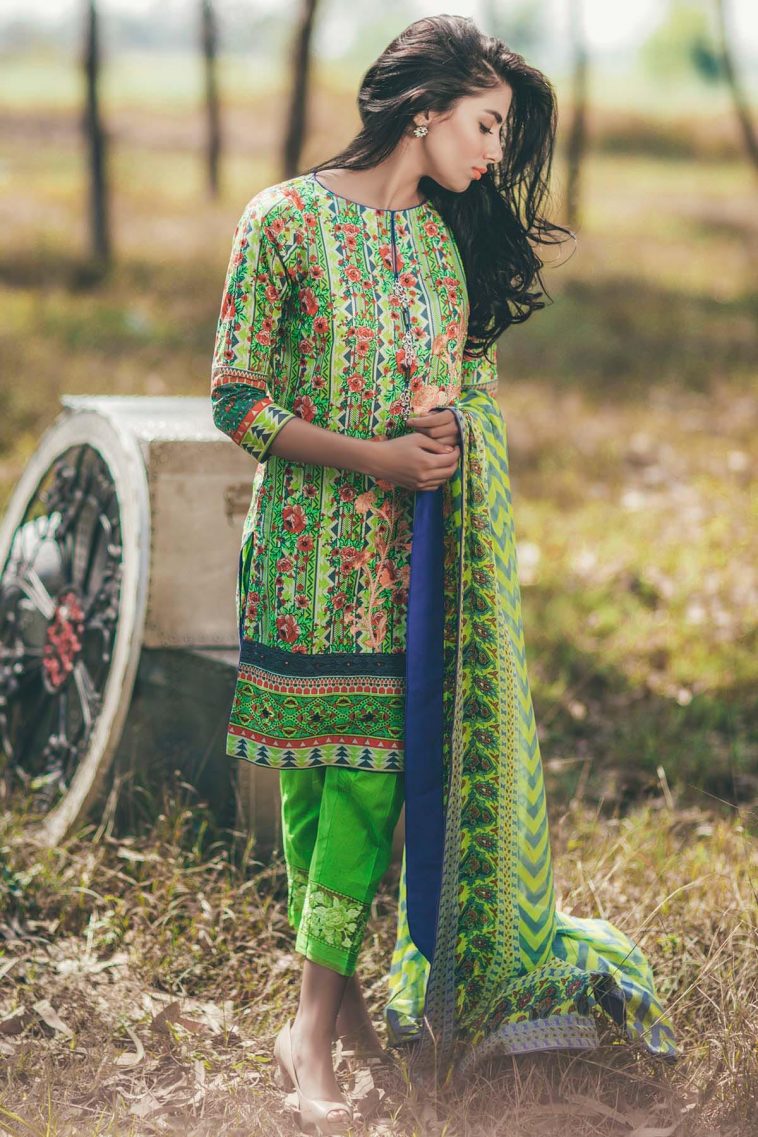 This beautiful Ready to Wear 3 Piece Prestige Green Chiffon Pakistani dress online by Alkaram Studio Festival Spring Summer Eid Collection 2017