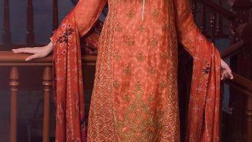 3 piece Luxe semi formally luxury Pakistani Pret Wear Ready to Wear Unstitched Coral Color dress by Zeen Cambridge Eid Collection 2017 is available online buy sale - Pakistan Pret Wear