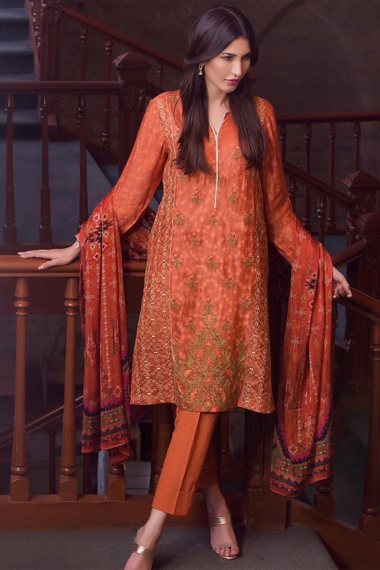 3 piece Luxe semi formally luxury Pakistani Pret Wear Ready to Wear Unstitched Coral Color dress by Zeen Cambridge Eid Collection 2017 is available online buy sale - Pakistan Pret Wear