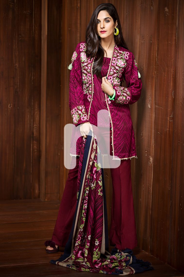 Red Color 3 Piece Linen Unstitched Pakistani Pret Wear Available For Shopping Online On Discount Rate At Sale By Nishat Linen Winter Collection 2019