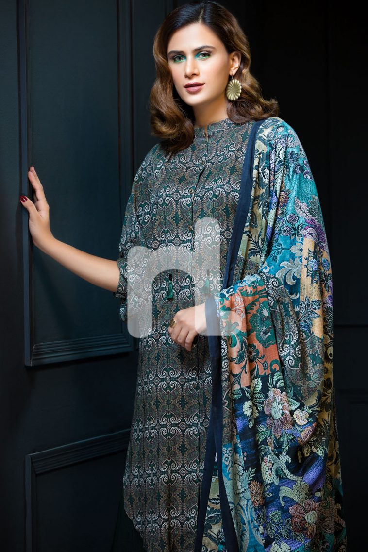 Green Printed Unstitched 3 Piece Linen Pakistani Dress On A Discount Price For Shopping Online By Nishat Linen Winter Collection 2017.