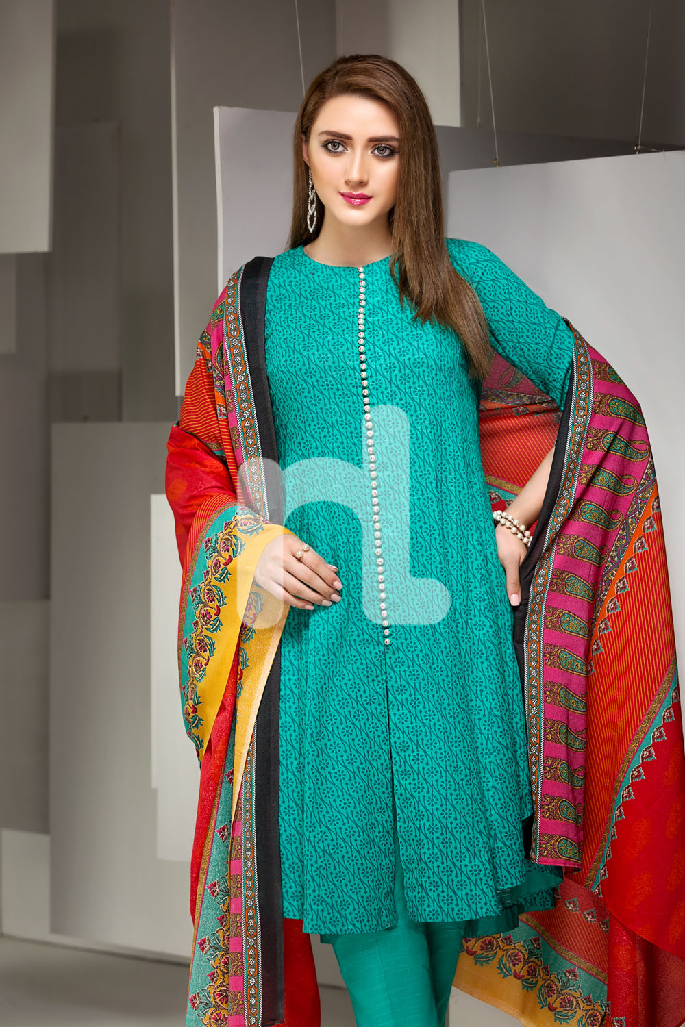 Unstitched 3 Piece Aqua Color Khaddar Pakistani Dress On Sale To Buy Online By Nishat Linen Winter Collection 2017 At A Discount Price.