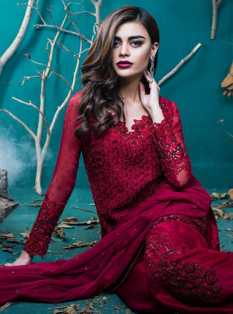 Red color light work 3 piece ready to wear dress by Zainab Chottani’s formal wear collection 2019