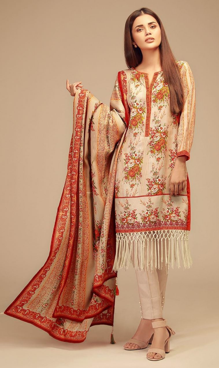 Classic cream color 3 piece unstitched pakistani pret wear by orient textile winter collection 2018