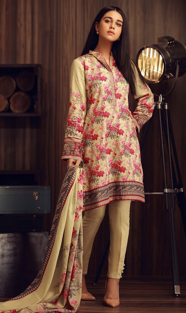 Cream Color Very Stylish 3 Piece Unstitched Pakistani Cambric Dress Available To Buy Online On Sale By Orient Textile Winter Collection 2019.