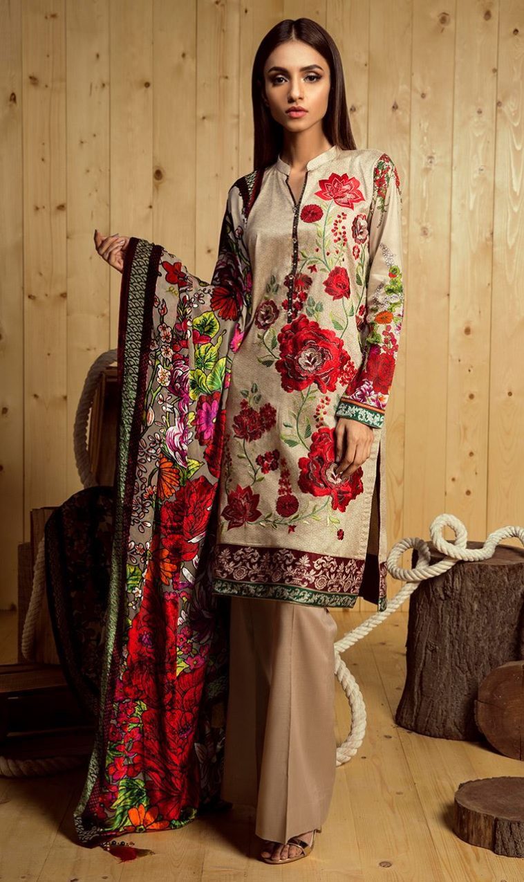 Elegant Cream 3 Piece Unstitched pret wear dress By Orient Textile University wear Collection 2018