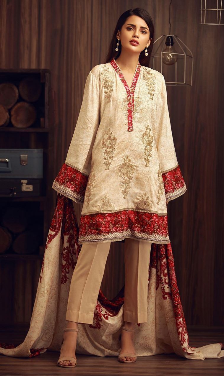 Elegant White 3a Piece Unstitched pret wear Dress By Orient Textile .com 2018