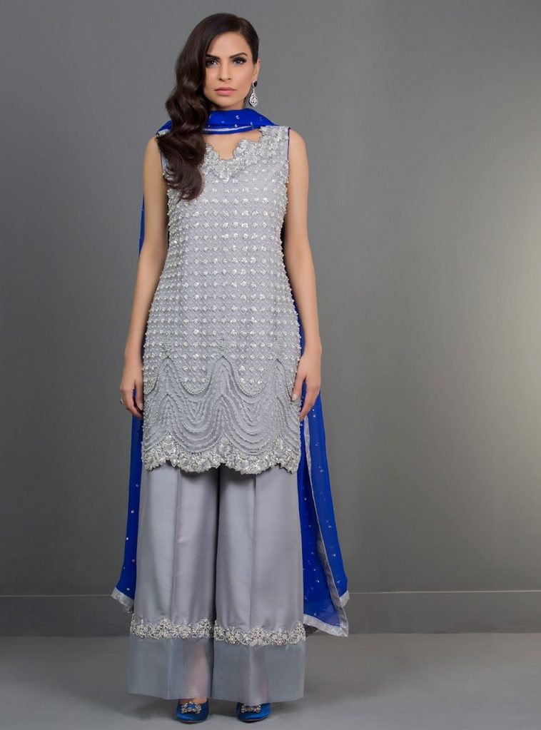 Heavy work silver color pret wear dress by Zainab Chottani’s Fancy wear collection 2018