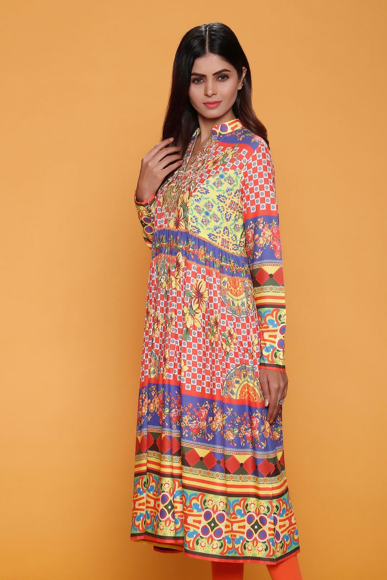 Multi-color ready to wear frock by Rang Ja winter collection 2018 available online