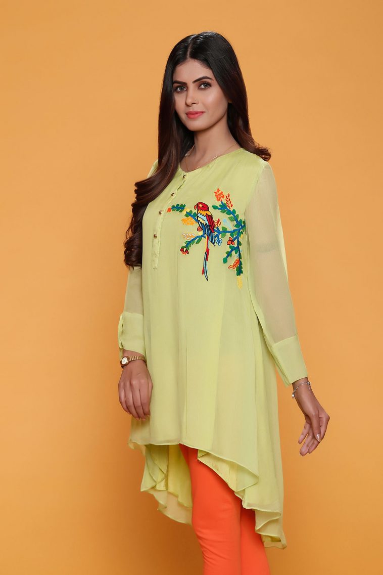 Parrot green embroidered pret wear shirt by Rang Ja pret collection 2018