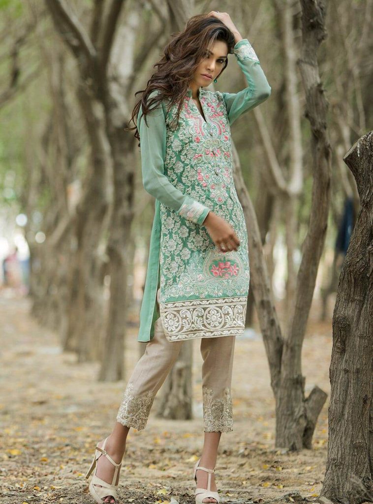 Mint color ready to wear chiffon dress by Zainab Chottani casual wear collection 2017 online