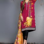Red 3 piece unstitched dress available online by Alkaram studio online