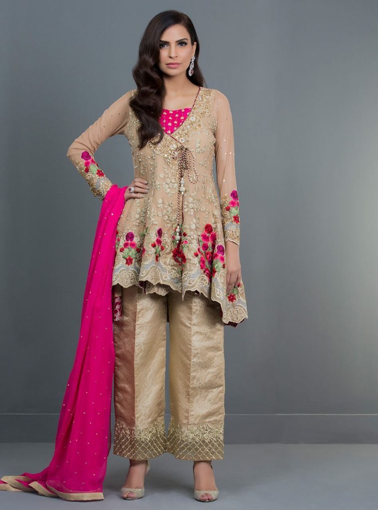 Stunning beige color 3 piece pret wear dress by Zainab Chottani party wear collection 2019