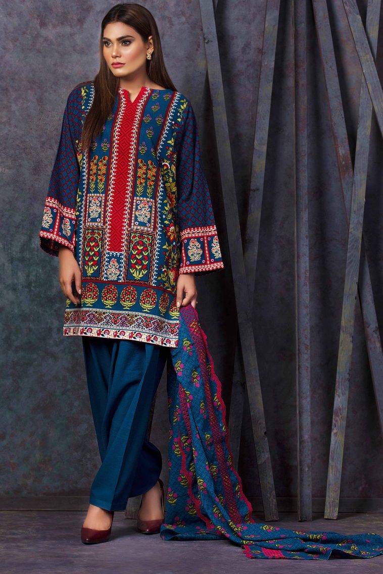 Blue Unstitched 3 Piece Pakistani pret wear available online by Kayseria Party wear Collection 2018
