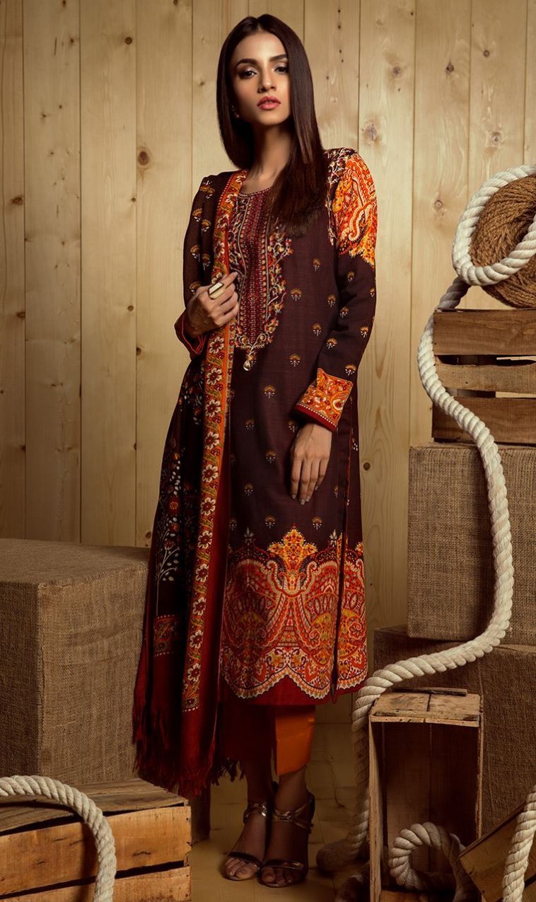 Unstitched 3 Piece Pakistani brown Khaddar Dress By Orient Textile Mills Collection 2018