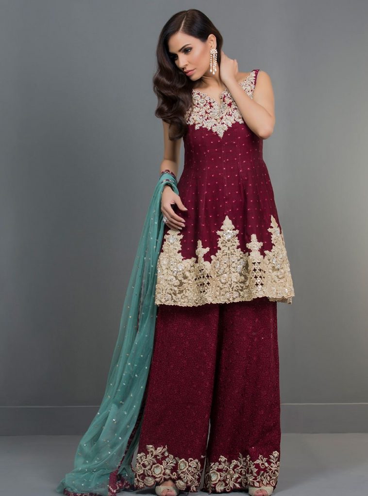 Vibrant wine red color part wear dress by Zainab Chottani luxury pret collection 2018