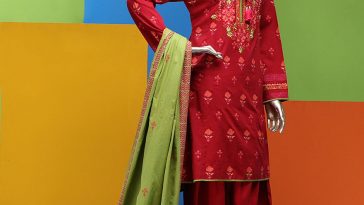 3 piece red pret wear by Junaid Jamshed evening collection 2018