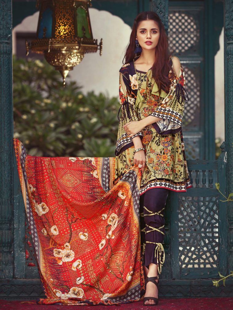 Beautiful green unstitched dress by Eden Robe suits collection 2019 Online Shopping In Pakistan