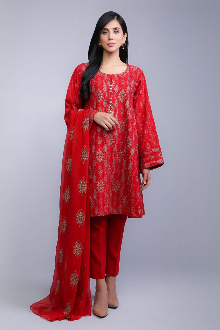 Elegant red embroidered ready to wear dress by Bareeze luxury pret collection