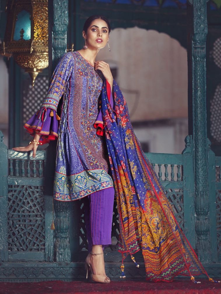 Embroidered purple unstitched pret dress by Eden Robe unstitched dresses collection 2019