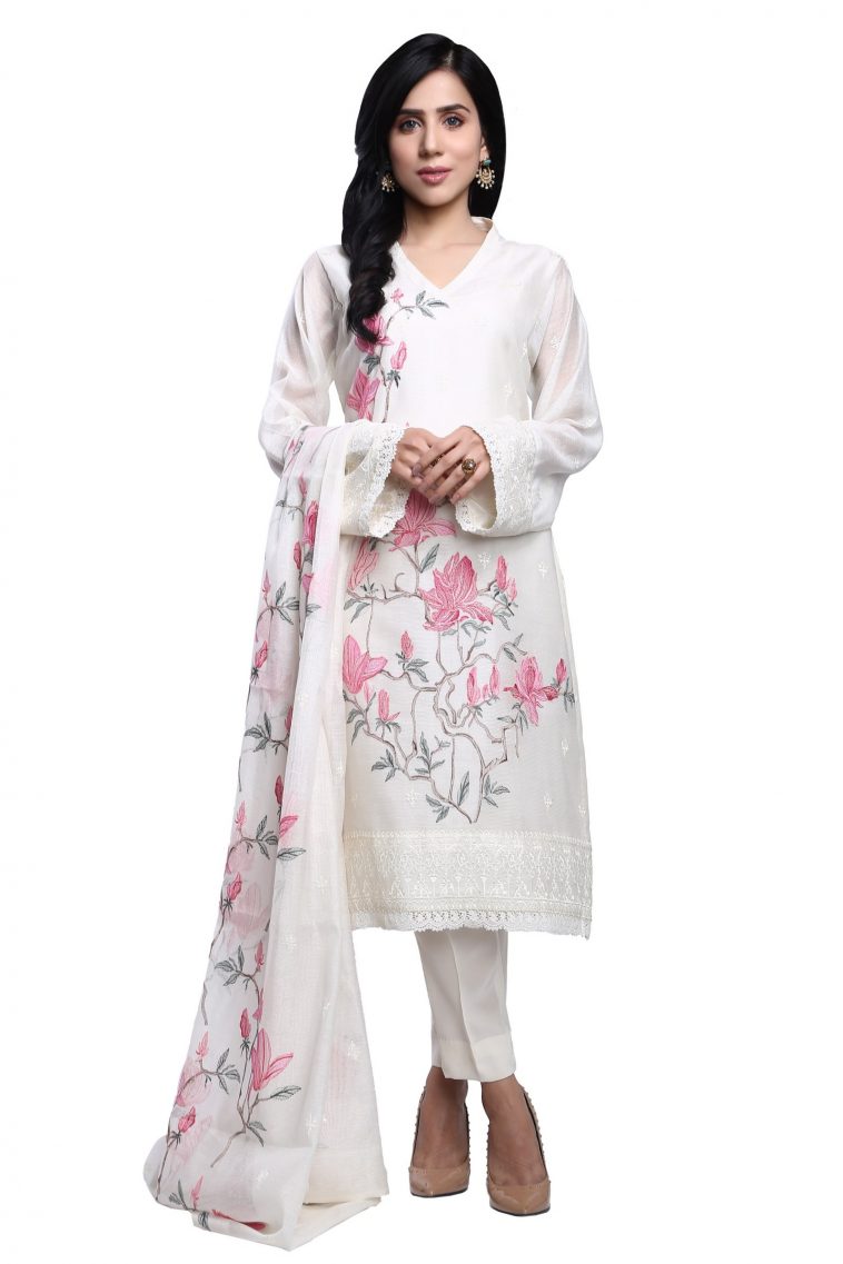 Floral white 3 piece stitched suit by Bareeze formal collection 2019