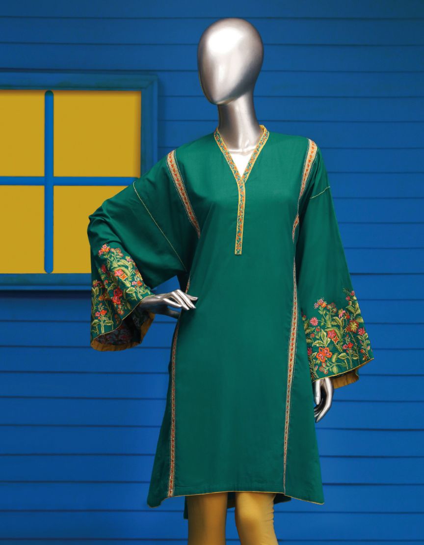 Green embroidered pret wear kurti by Junaid Jamshed office wear 2018