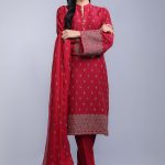 Ravishing red cotton karandi 3 piece stitched dress by Bareeze semi formal collection 2019