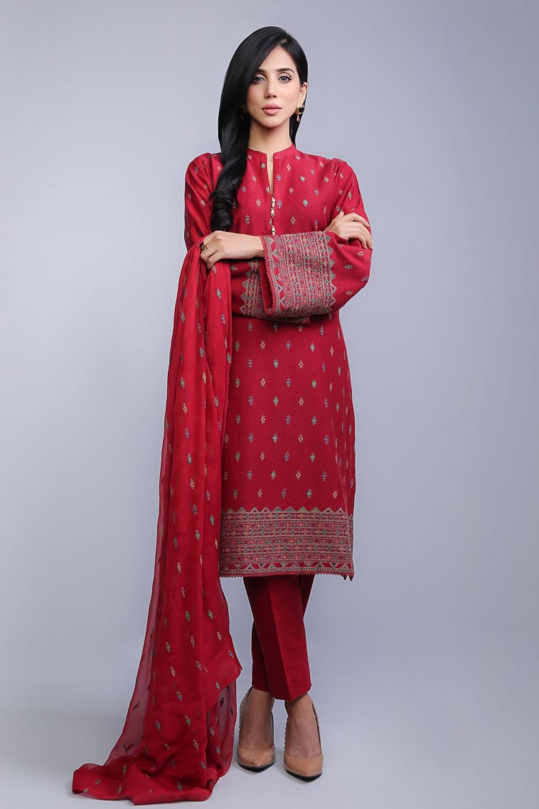 Ravishing red cotton karandi 3 piece stitched dress by Bareeze semi formal collection 2019