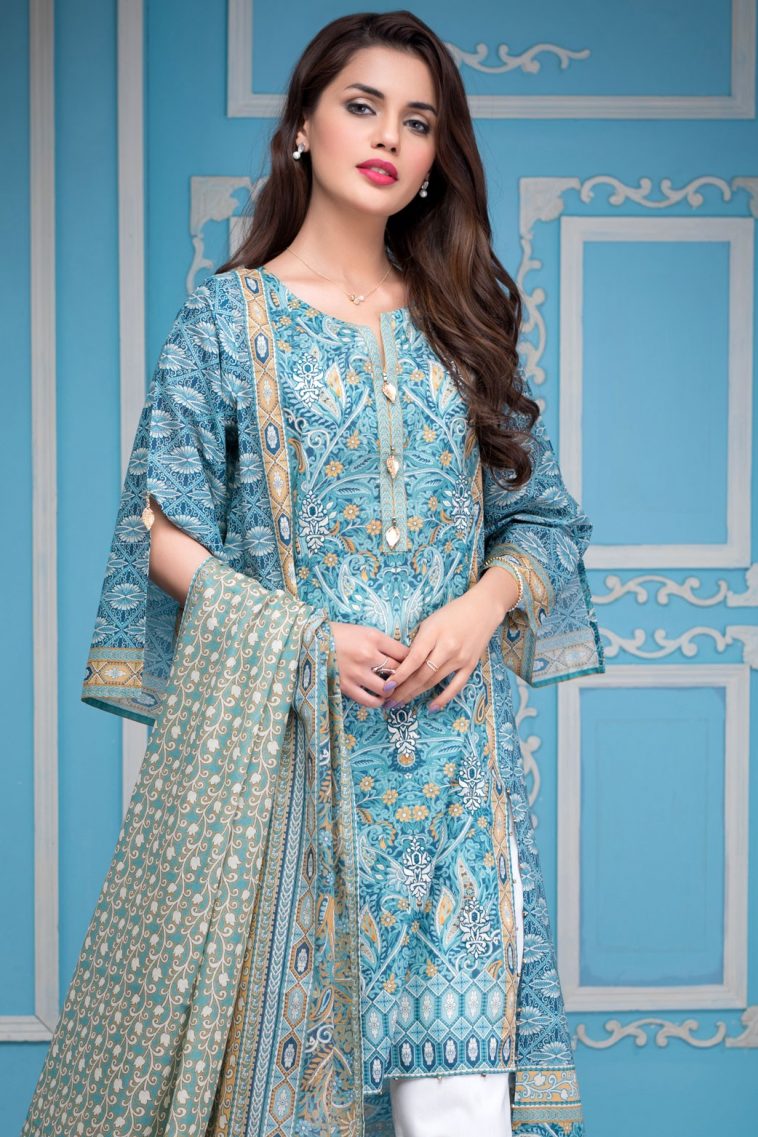 A graceful unstitched lawn dress by Zeen cambridge lawn collection 2018 in cadet blue color to make your day refreshing and happy