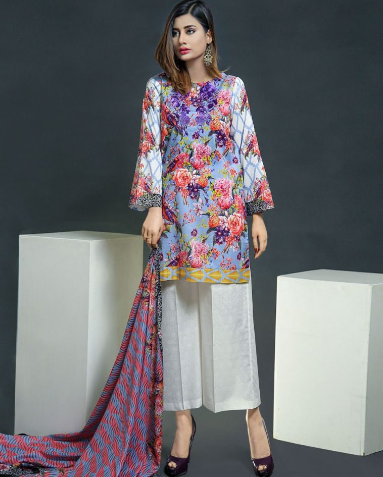 Blue unstitched digital printed dress by Nimsay spring collection 2019