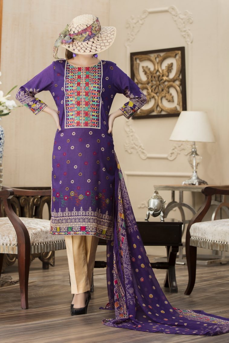 Beautiful Purple 3 piece unstitched embroidered dress by Aiman Fahad Online chiffon collection 2018