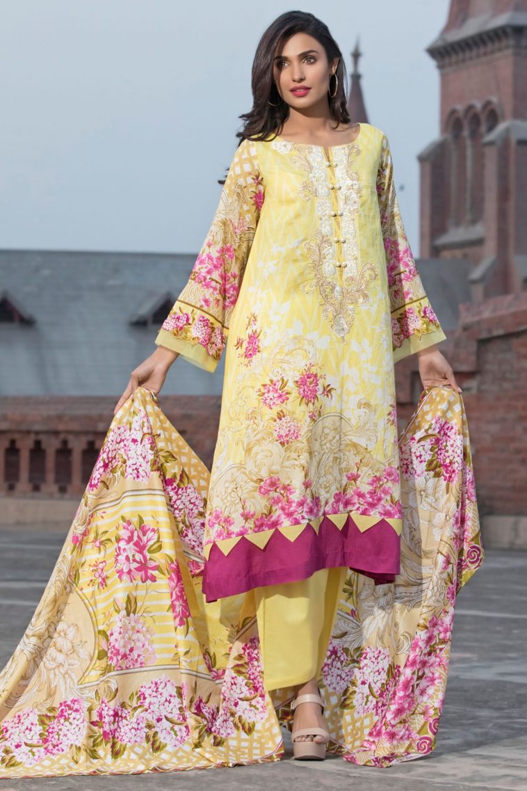 Beautiful Yellow embroidered Pakistani unstitched dress by Firdous embroidered dresses 2018