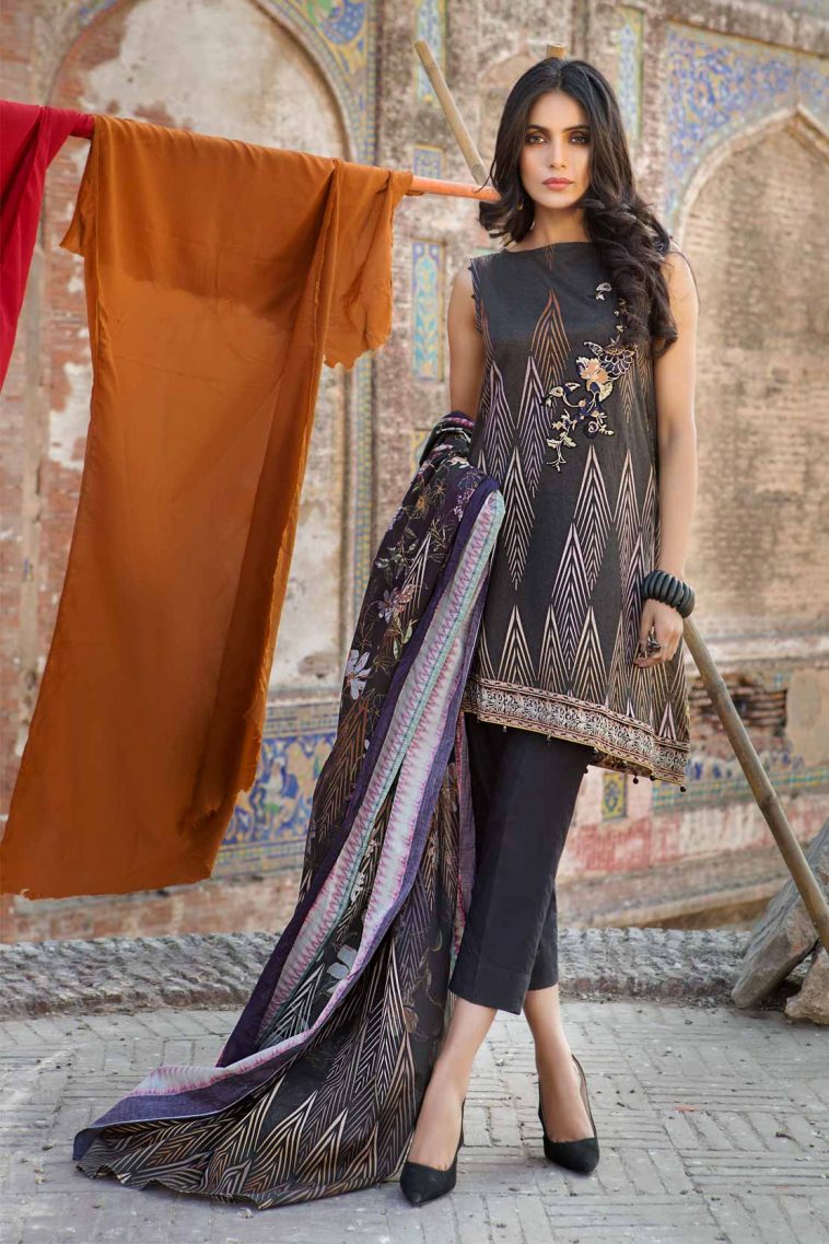Beautiful black printed unstitched Pakistani pret wear by Chen One spring dresses 2018
