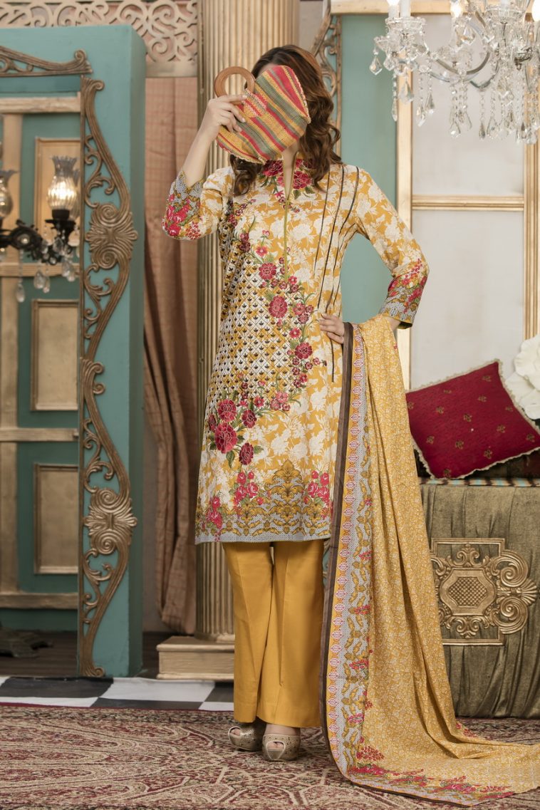 Beautiful yellow 3 piece unstitched dress by Ayesha Alishba Embroidered online 2018