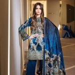 Bold and classy blue colored three piece unstitched lawn dress by Nishat Linen embroidered clothes 2018
