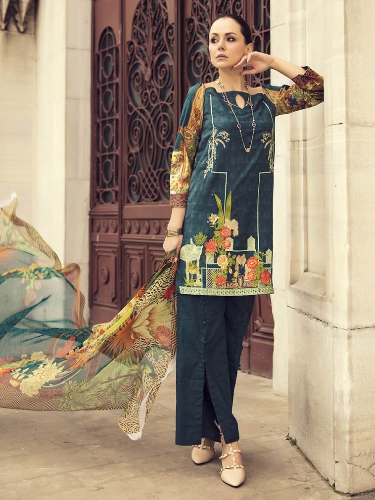 Buy this beautiful unstitched lawn dress by Rajbari spring summer collection 2018