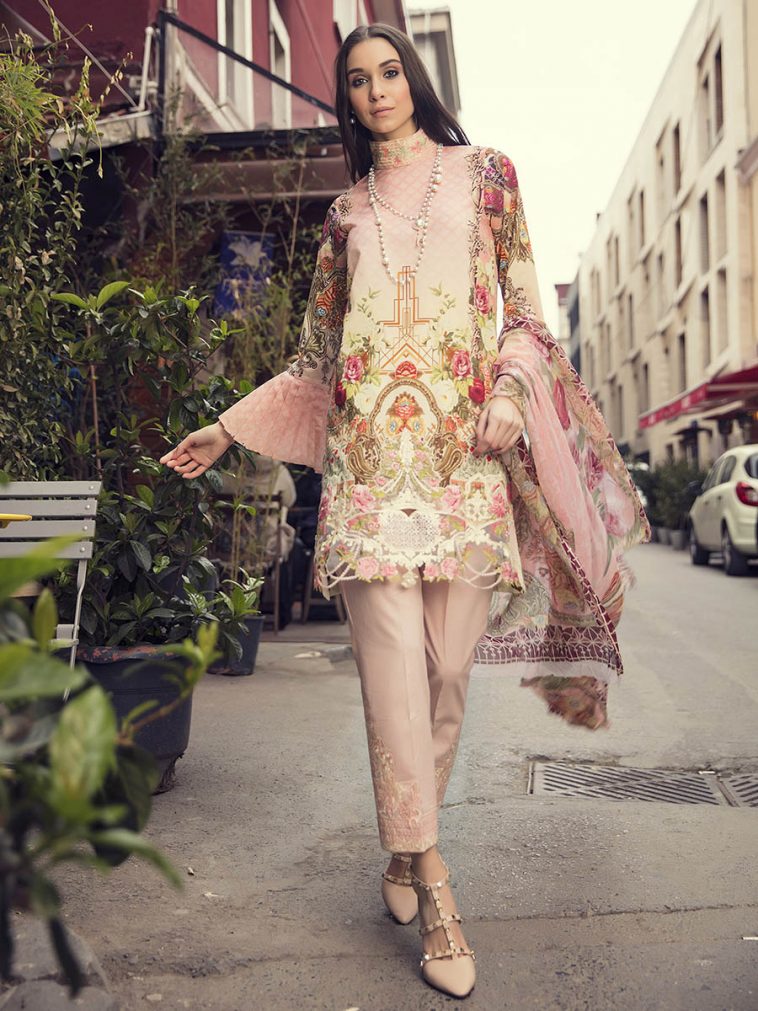 Digital printed pink stitched pret dress by Rajbari lawn collection 2018