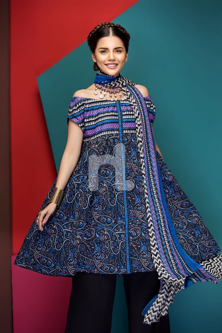 Graceful Printed blue 3 piece unstitched pret by Nishat Linen pret wear 2019