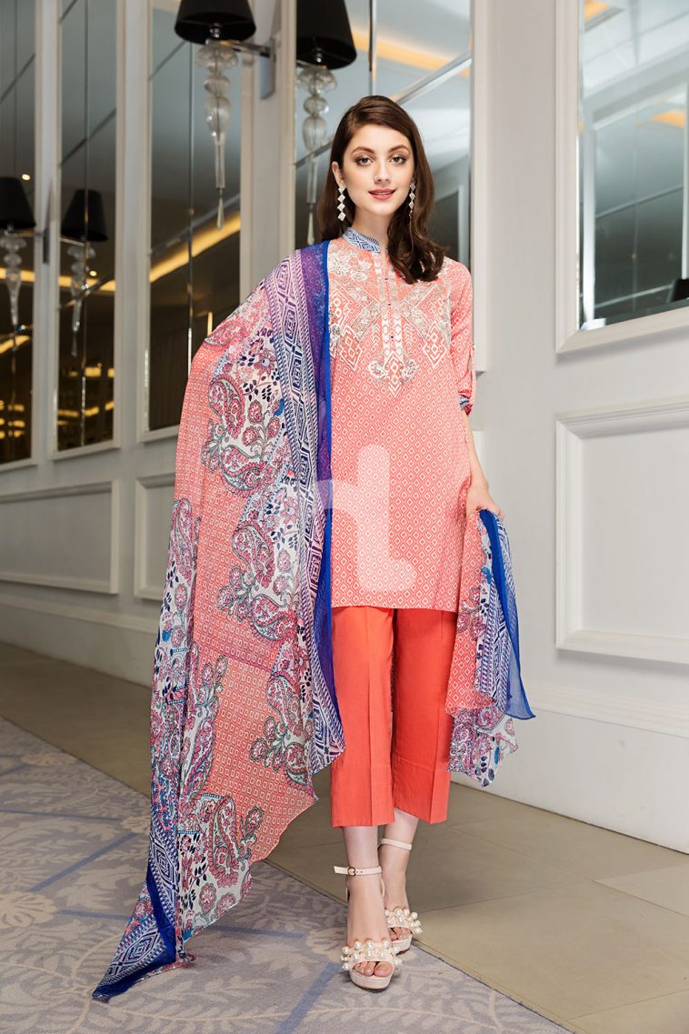 Graceful embroidered peach 3 piece unstitched pret by Nishat Linen embroidered prets 2018