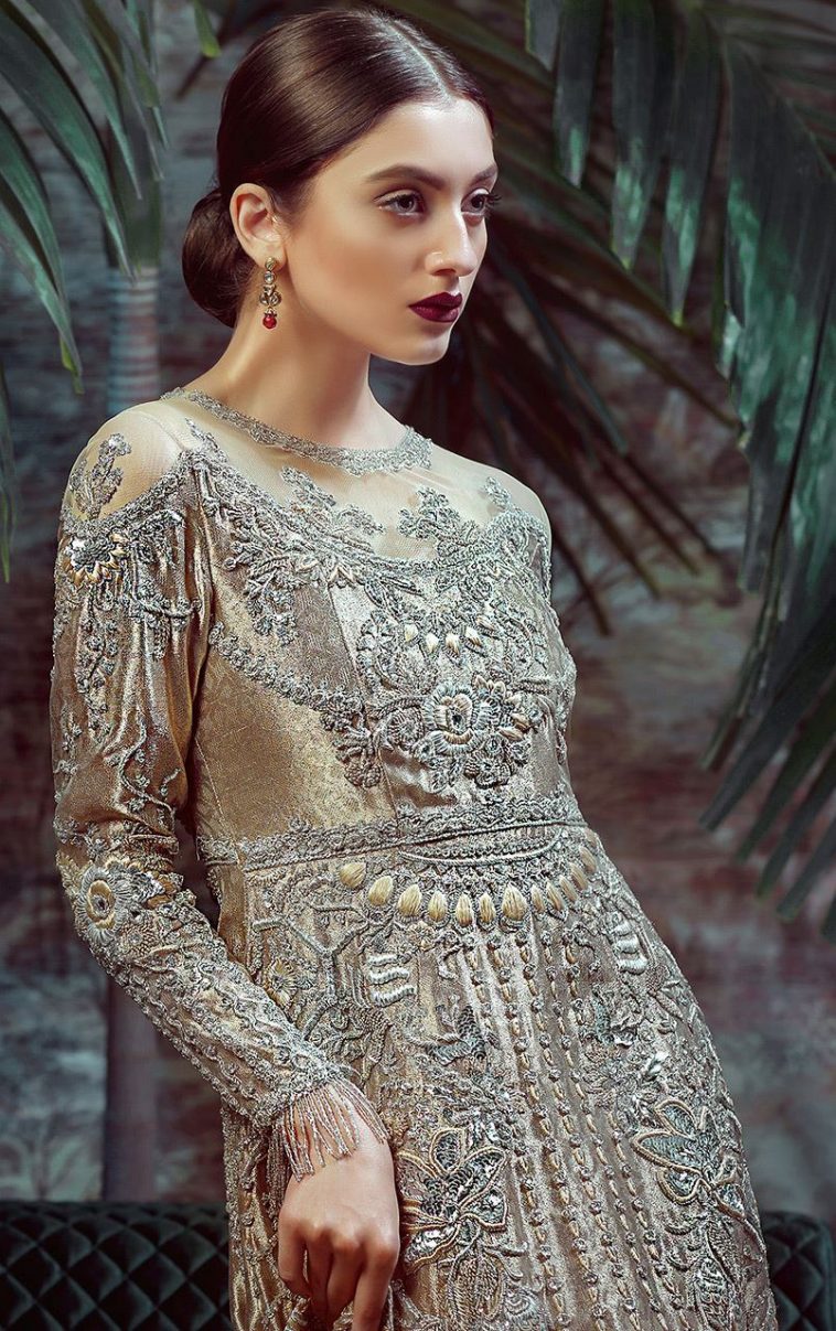 Moon dust champagne color beaded Pakistani bridal dress available online