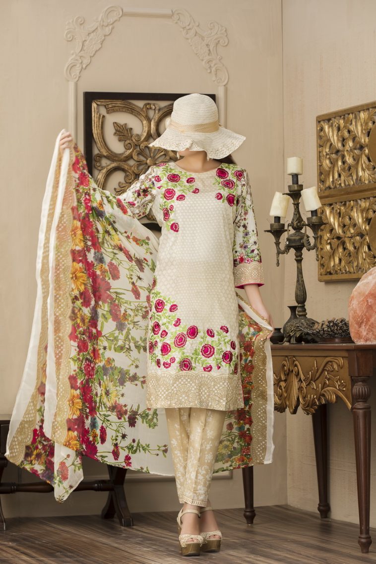 Off-white 3 piece Pakistani unstitched pret by Aiman Fahad spring embroidered 2018