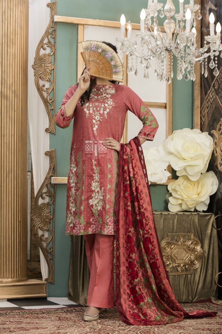 Pink 3 piece Pakistani unstitched pret by Ayesha Alishba embroidered 2018