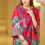Scintillating and alluring pink colored three piece unstitched lawn dress by Nishat Linen new embroidered collection 2018