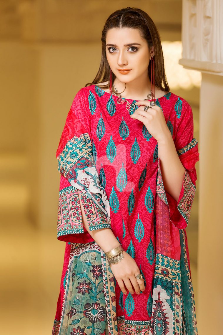 Scintillating and alluring pink colored three piece unstitched lawn dress by Nishat Linen new embroidered collection 2018