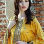 This beautiful Yellow lawn unstitched Pakistani dress by Taana Baana embroidered spring collection 2019