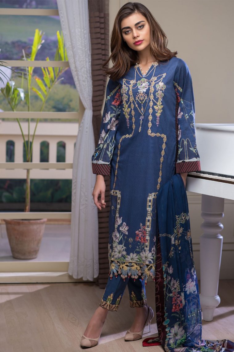 This elegant 3 piece unstitched lawn dress available at a decent price of pkr 5200 at all online and off line stores by Firdous Malhar collection 2018