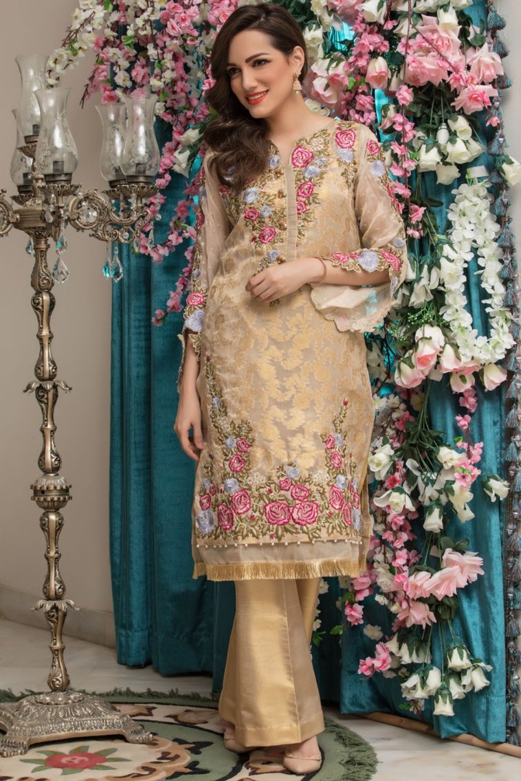 Vibrant gold ready to wear pret dress by Firdous Luxe Affairs evening wear 2018