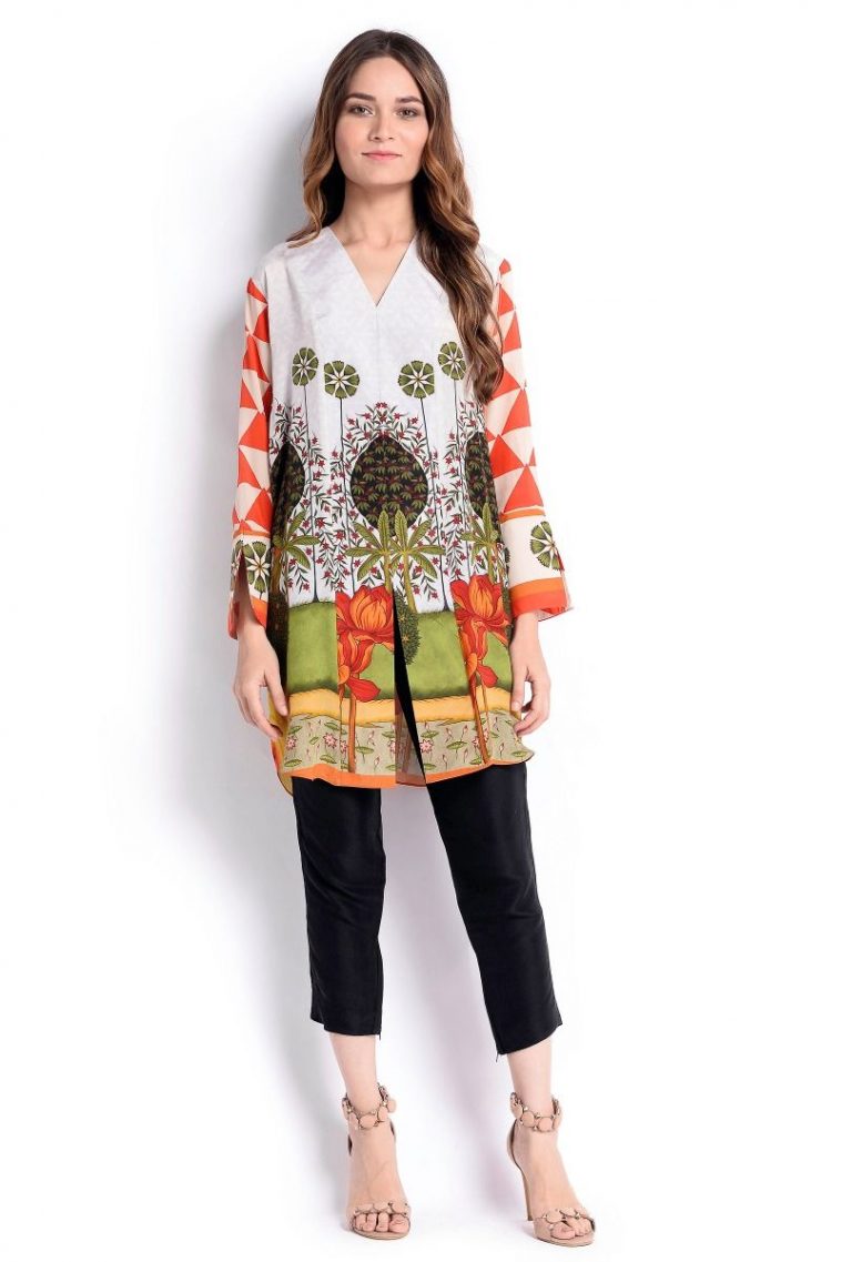 Available at a decent price this beautiful digital printed stitched kurti by Sana Safinaz spring silk collection 2018