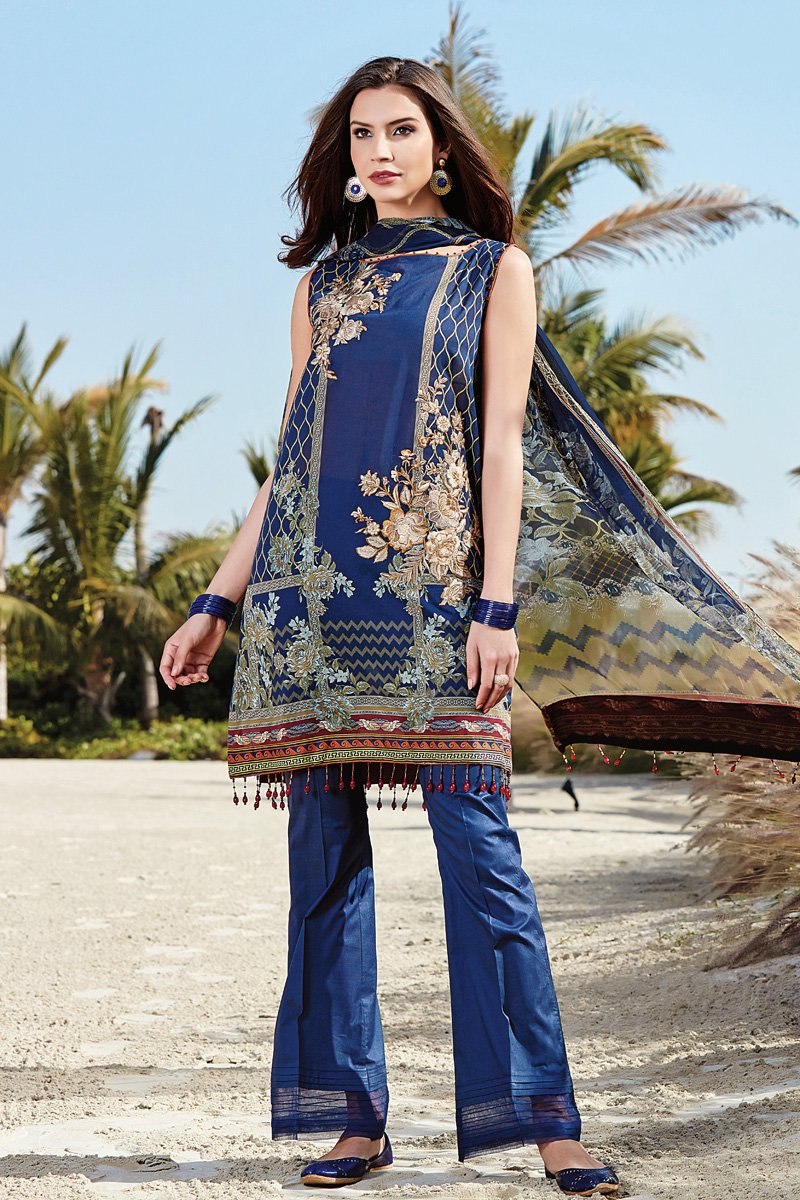 Beautiful and elegant azure colored three piece unstitched lawn dress by Baroque Isabella casual collection 2018