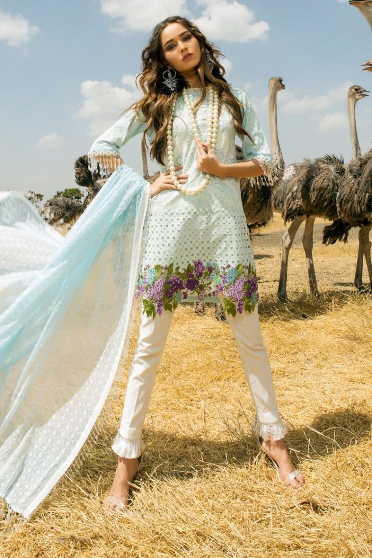 Beautiful ice blue Pakistani unstitched dress by Sana Safinaz printed Lawn 2018